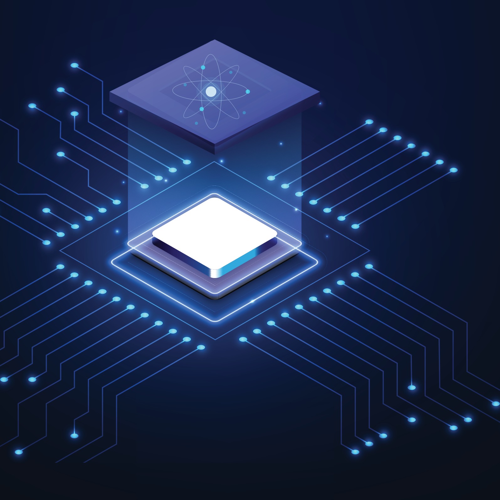 Isometric illustration of a quantum processor chip networked through a circuit-board pattern
